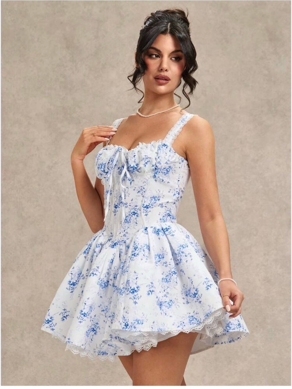 Women's Corset Mini Dress Floral Lace up Low Cut Ruffle Blue Floral Bustier